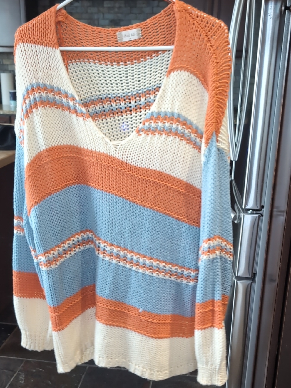 Altar'd State Cream, Orange & Light Blue Striped V-Neck oversized Sweater